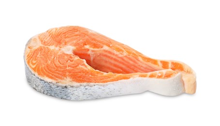 Photo of One fresh salmon steak isolated on white