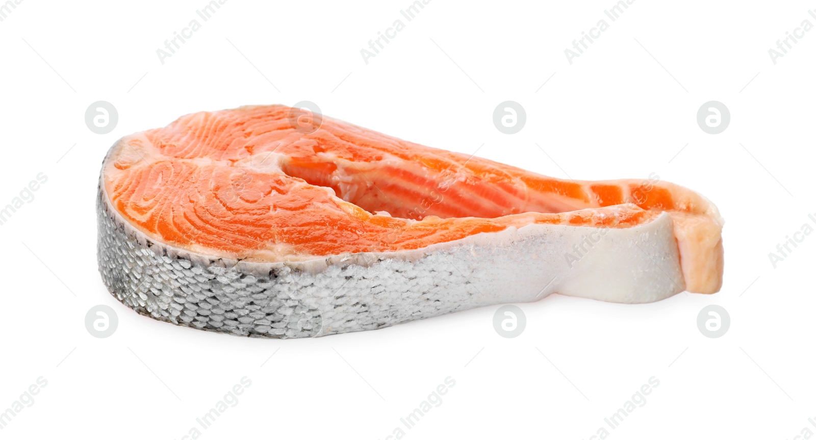 Photo of One fresh salmon steak isolated on white