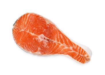 Photo of One fresh salmon steak isolated on white, top view