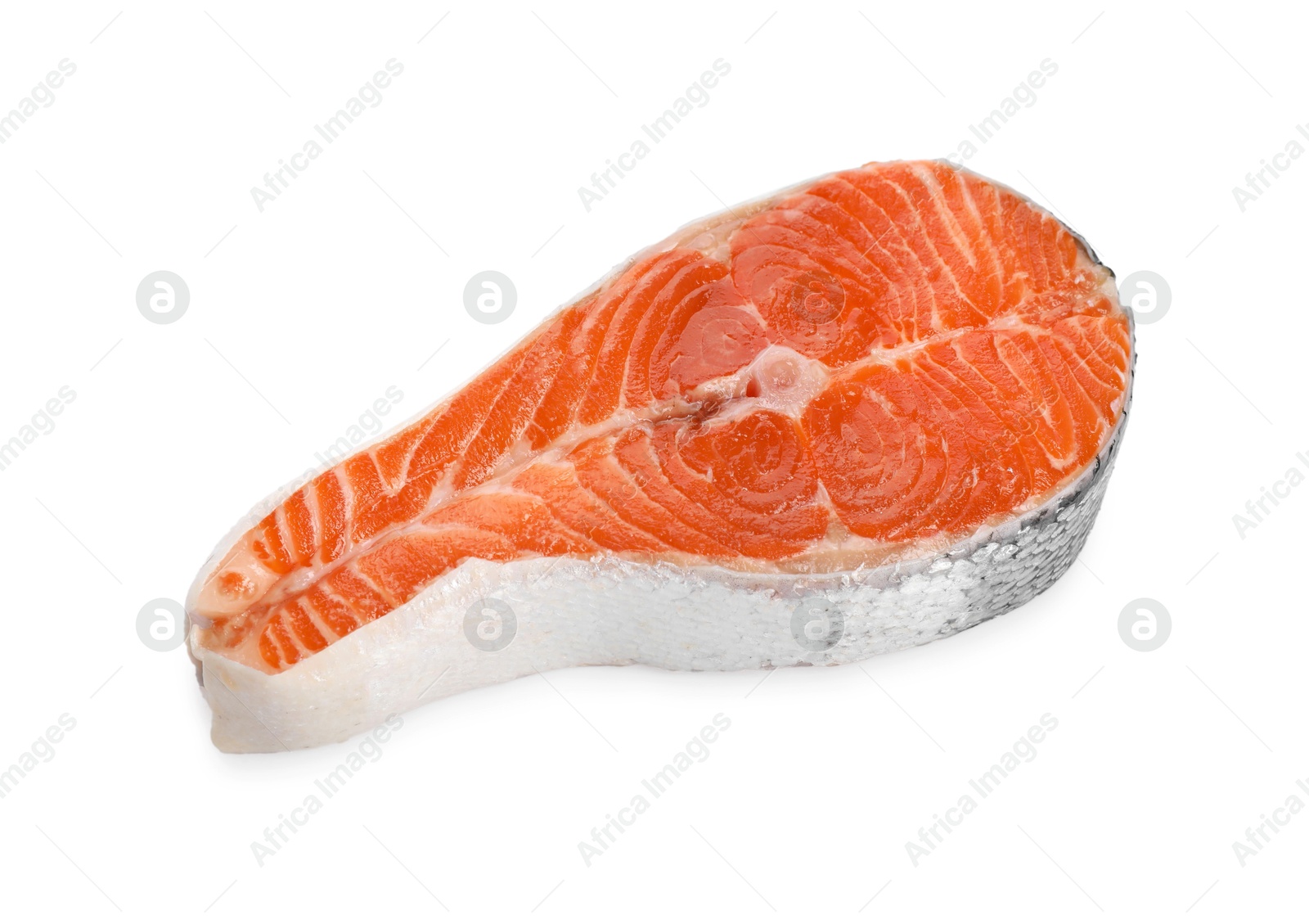 Photo of One fresh salmon steak isolated on white