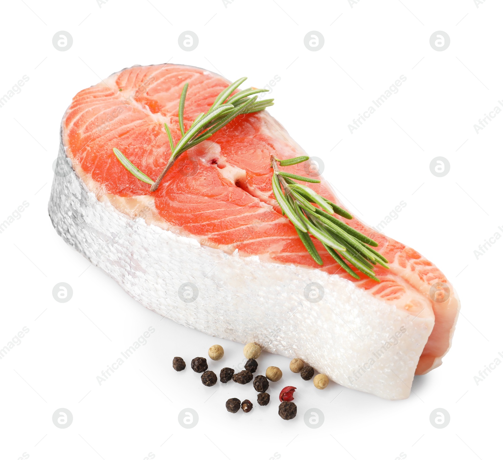 Photo of Fresh salmon steak, peppercorns and rosemary isolated on white