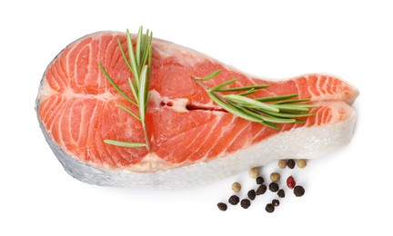 Fresh salmon steak, peppercorns and rosemary isolated on white, above view