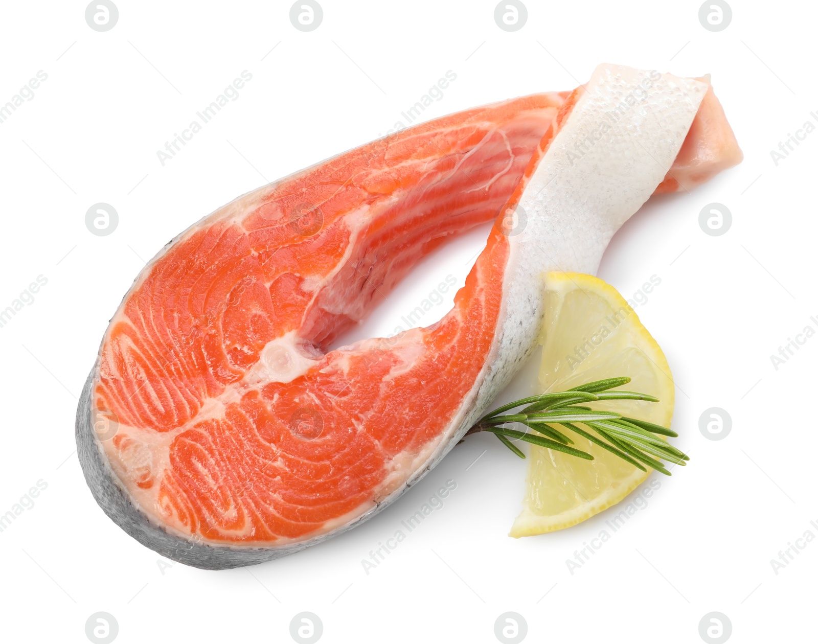 Photo of Fresh salmon steak, lemon and rosemary isolated on white, top view