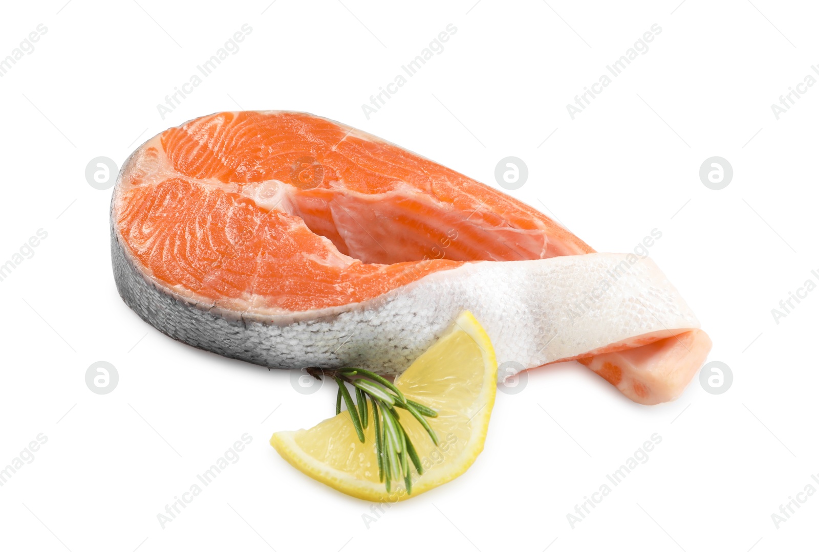 Photo of Fresh salmon steak, lemon and rosemary isolated on white