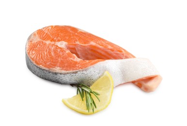 Fresh salmon steak, lemon and rosemary isolated on white