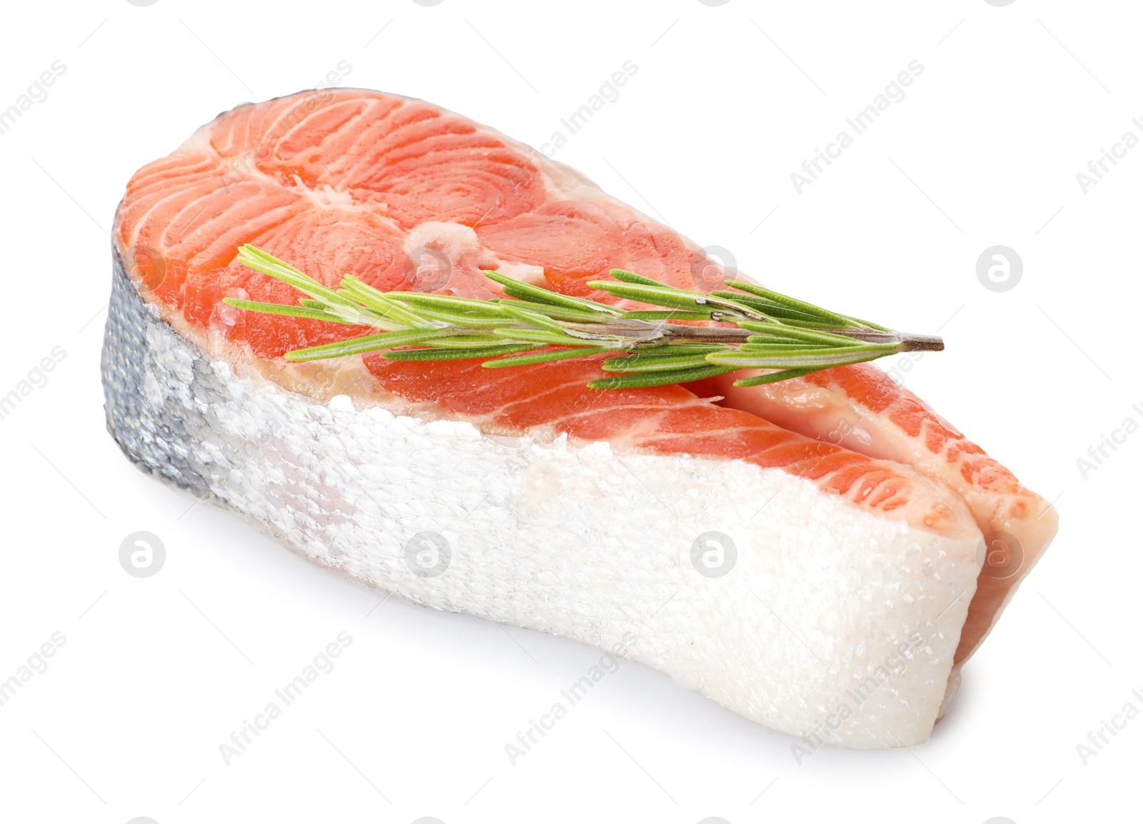 Photo of Fresh salmon steak and rosemary isolated on white