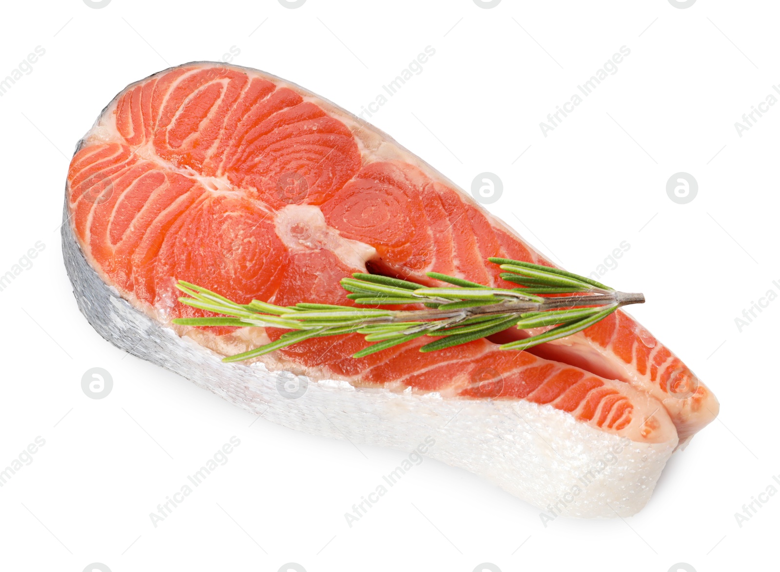 Photo of Fresh salmon steak and rosemary isolated on white, above view