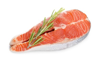 Fresh salmon steak and rosemary isolated on white, above view