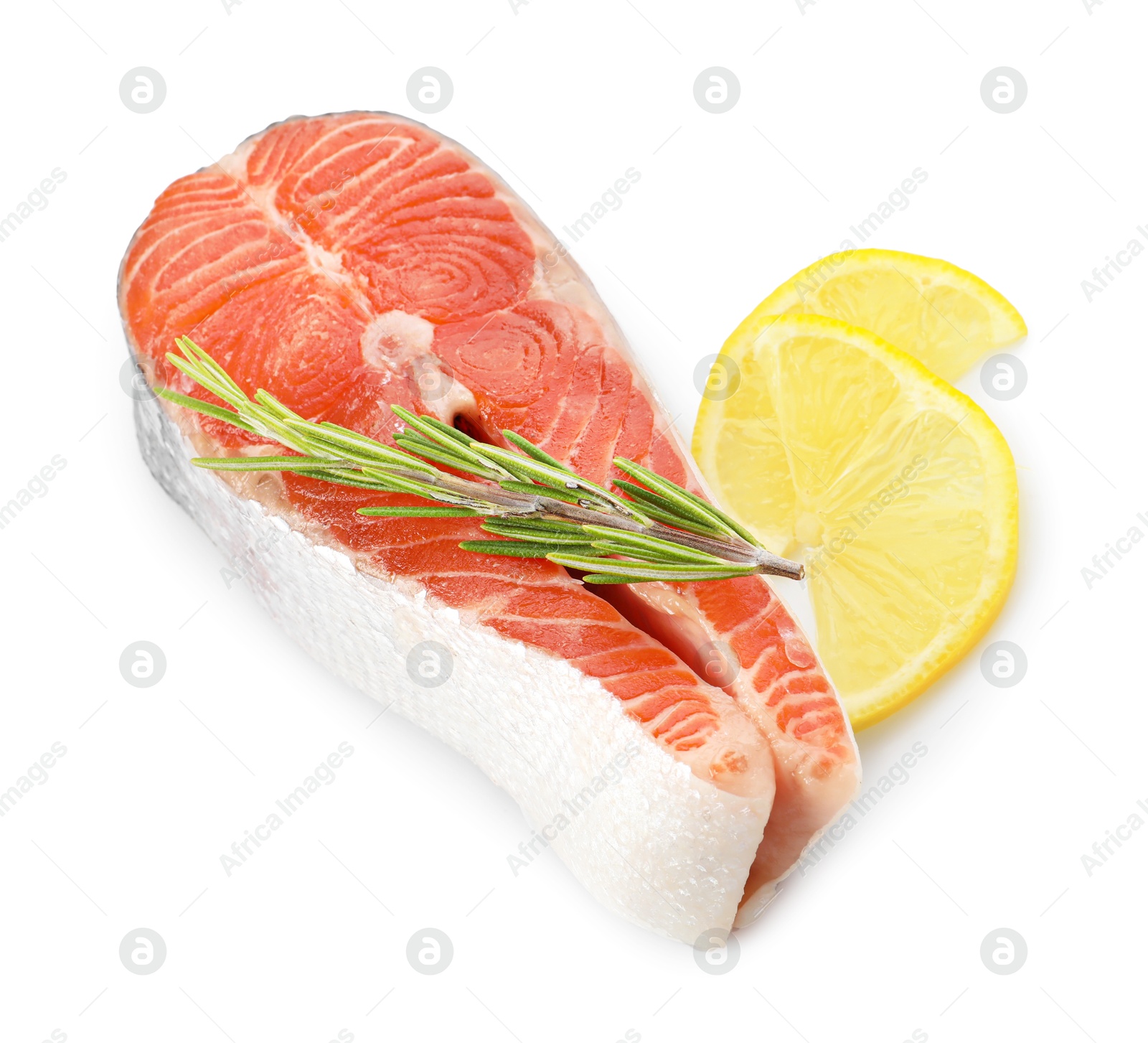 Photo of Fresh salmon steak, lemon and rosemary isolated on white