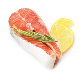 Photo of Fresh salmon steak, lemon and rosemary isolated on white