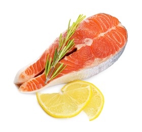 Photo of Fresh salmon steak, lemon and rosemary isolated on white