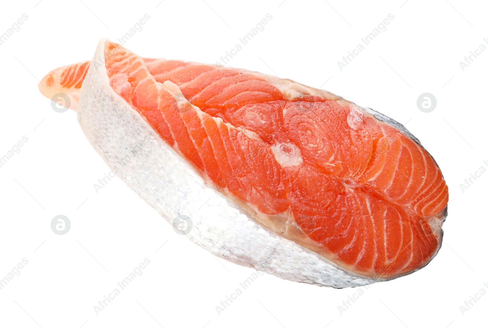 Photo of One fresh salmon steak isolated on white