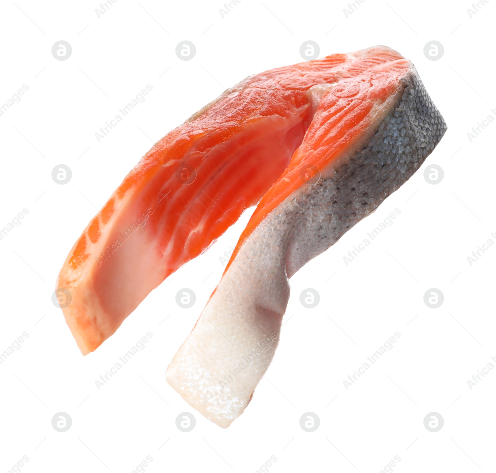 Photo of One fresh salmon steak isolated on white