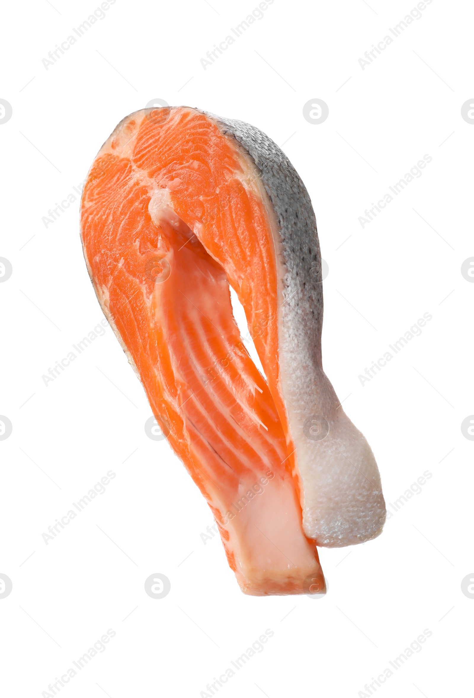 Photo of One fresh salmon steak isolated on white