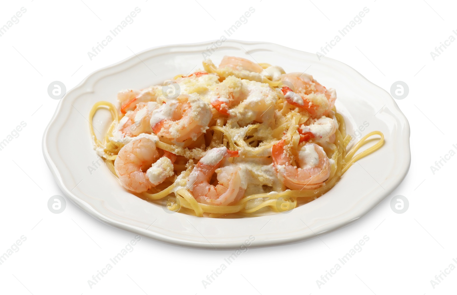 Photo of Delicious pasta with shrimps isolated on white