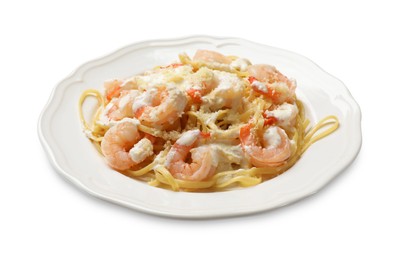 Delicious pasta with shrimps isolated on white