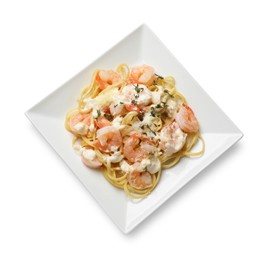 Delicious pasta with shrimps isolated on white, top view