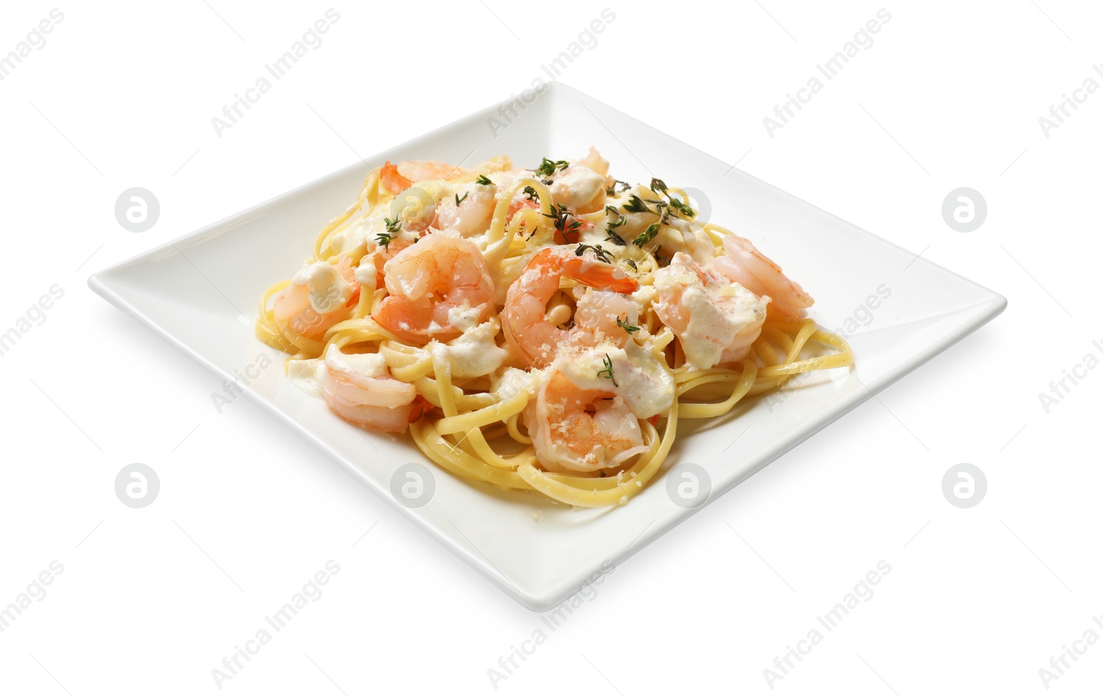 Photo of Delicious pasta with shrimps isolated on white