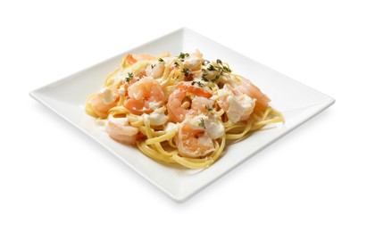 Photo of Delicious pasta with shrimps isolated on white