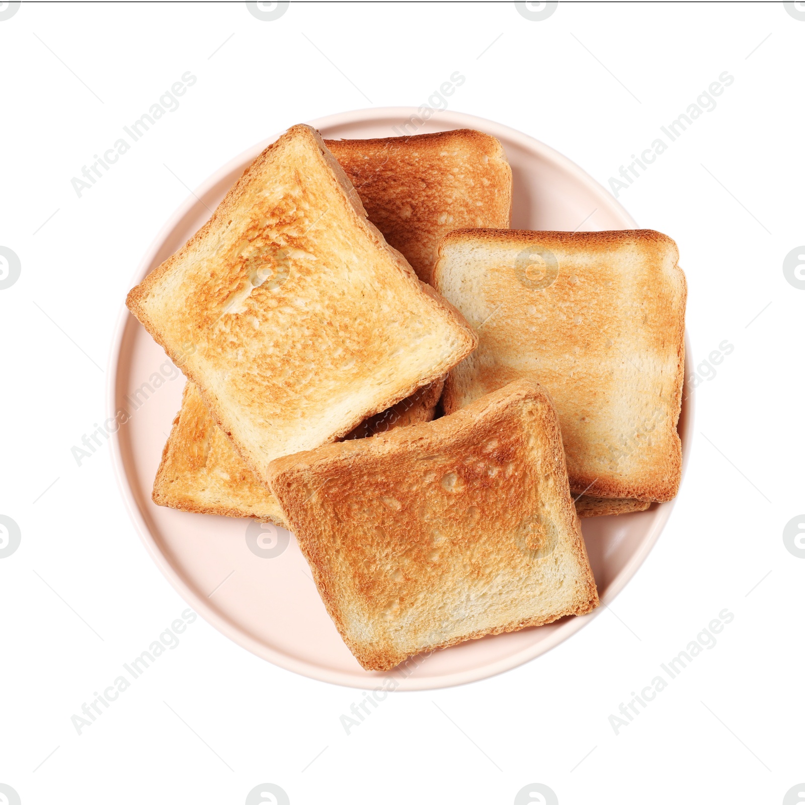 Photo of Delicious toasted bread slices isolated on white, top view