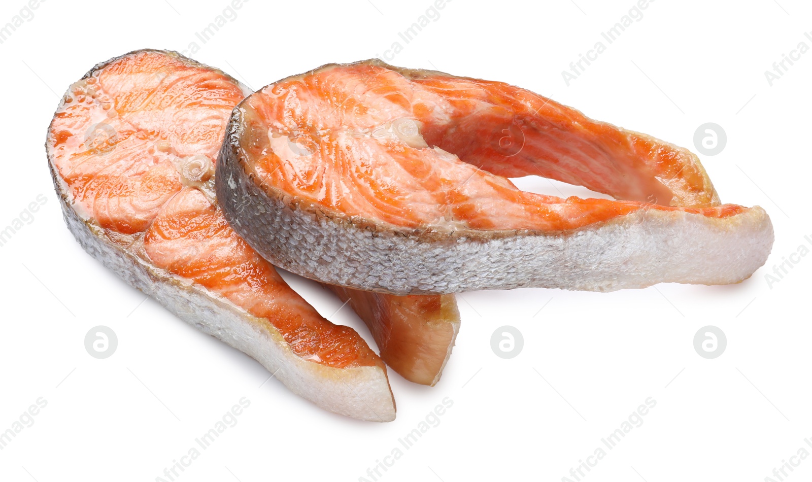 Photo of Tasty grilled salmon steaks isolated on white