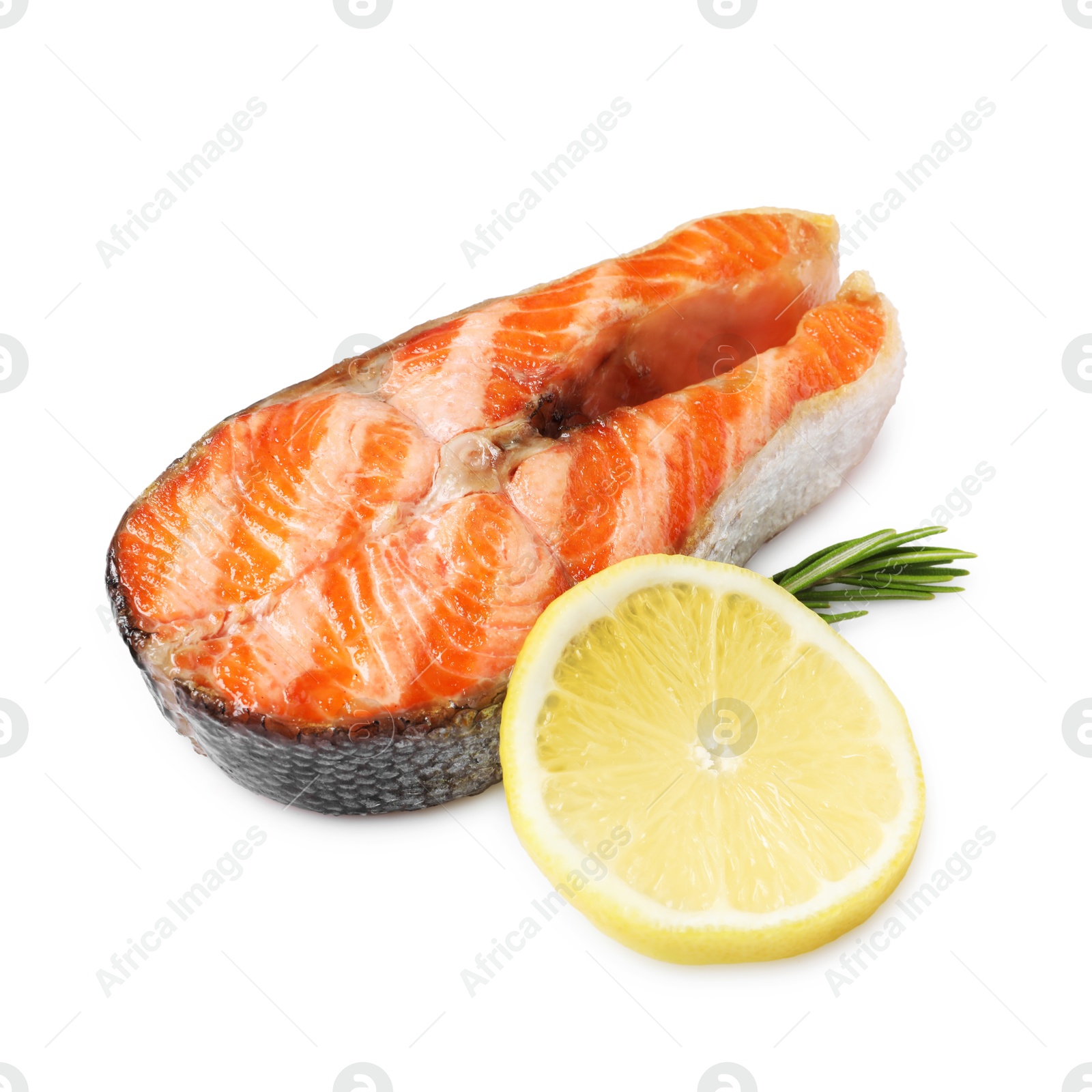 Photo of Tasty grilled salmon steak, lemon and rosemary isolated on white