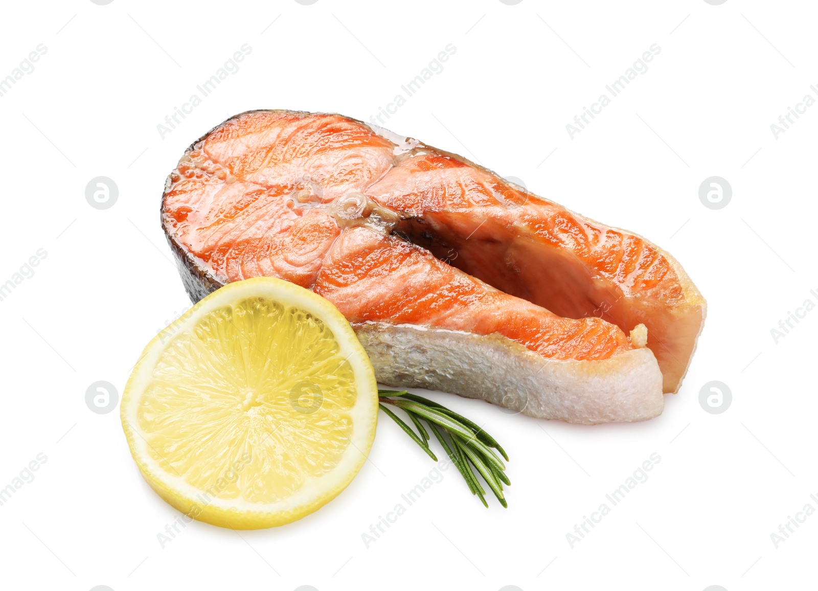 Photo of Tasty grilled salmon steak, lemon and rosemary isolated on white