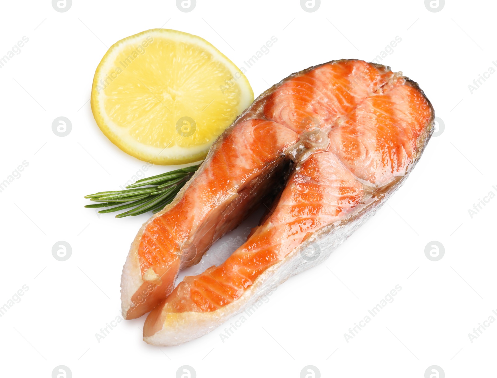 Photo of Tasty grilled salmon steak, lemon and rosemary isolated on white