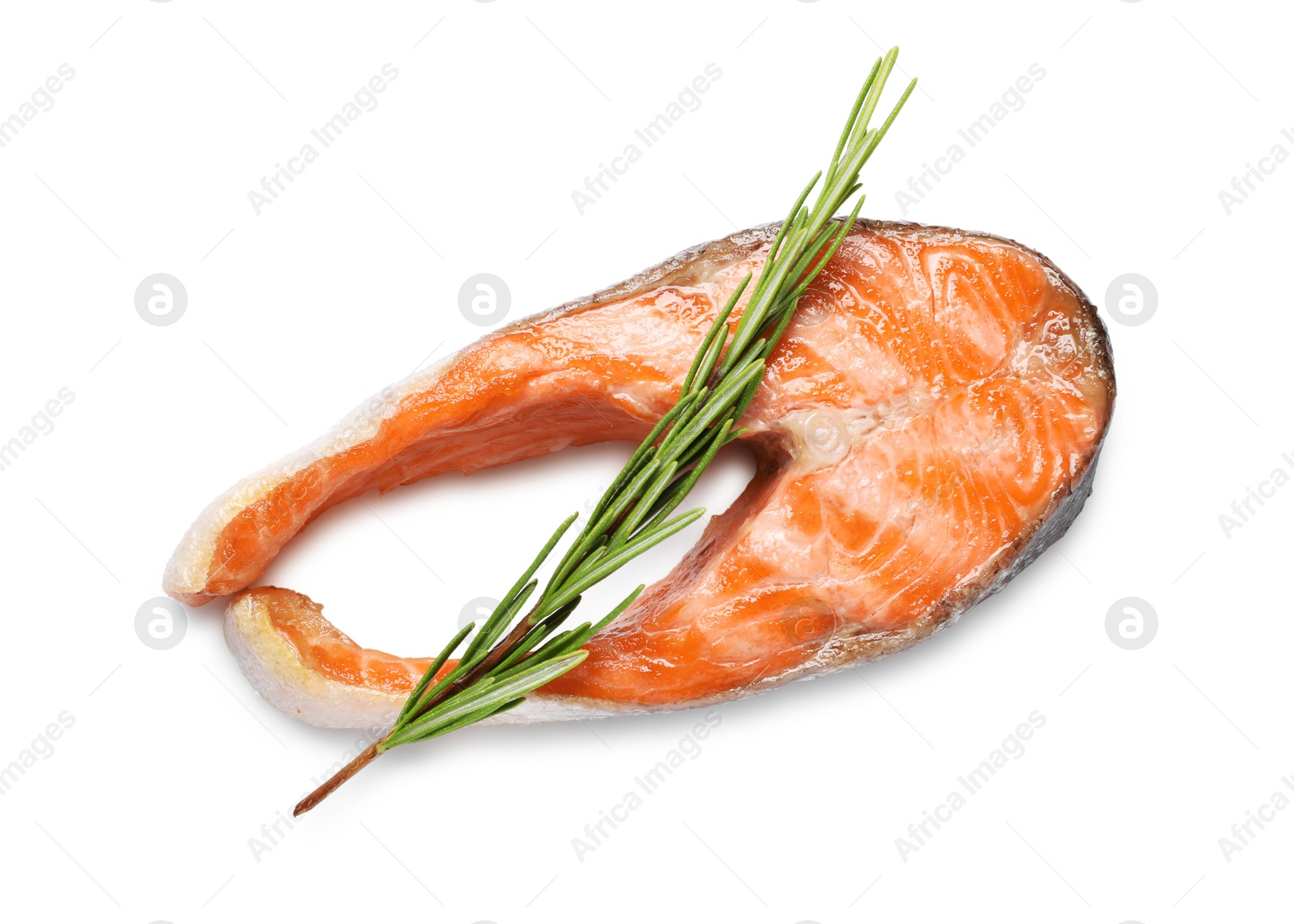 Photo of Tasty grilled salmon steak and rosemary isolated on white, top view