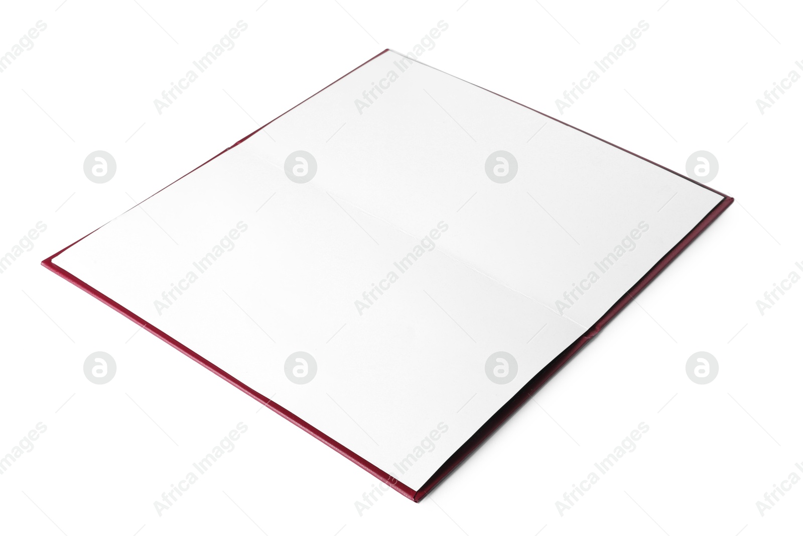 Photo of Open cover with empty sheets isolated on white. Mockup for design