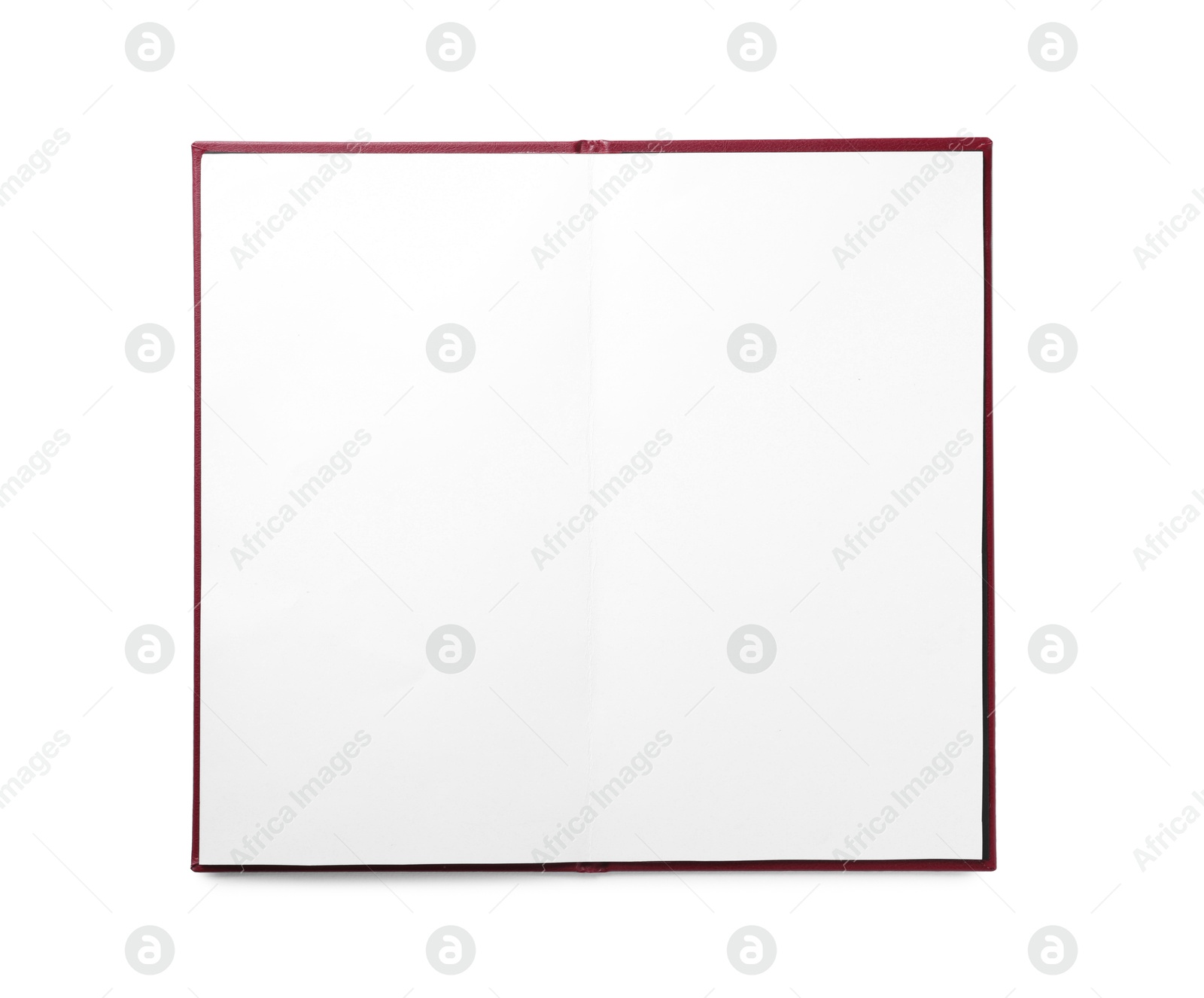 Photo of Open hardcover notebook with empty sheets isolated on white, top view. Mockup for design