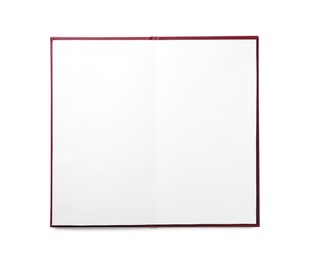 Photo of Open hardcover notebook with empty sheets isolated on white, top view. Mockup for design