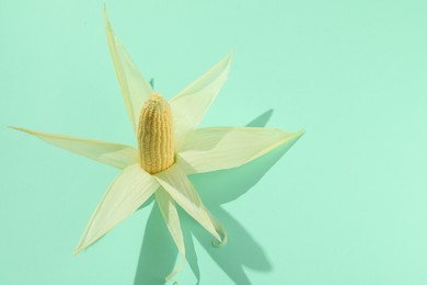 Photo of Fresh ripe corncob with green husks on turquoise background. Space for text