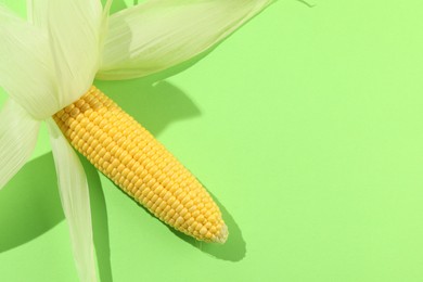 Photo of Fresh ripe corncob with husks on light green background, top view. Space for text