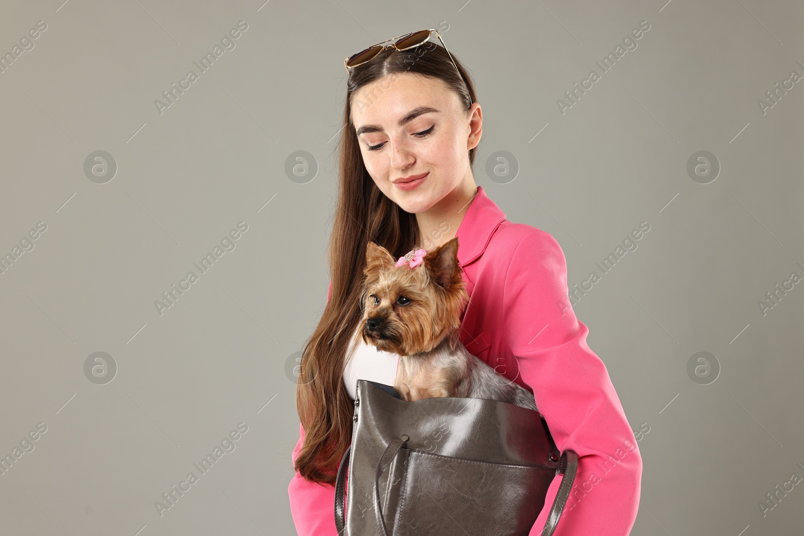 Photo of Beautiful young woman carrying cute Yorkshire Terrier dog in bag on grey background