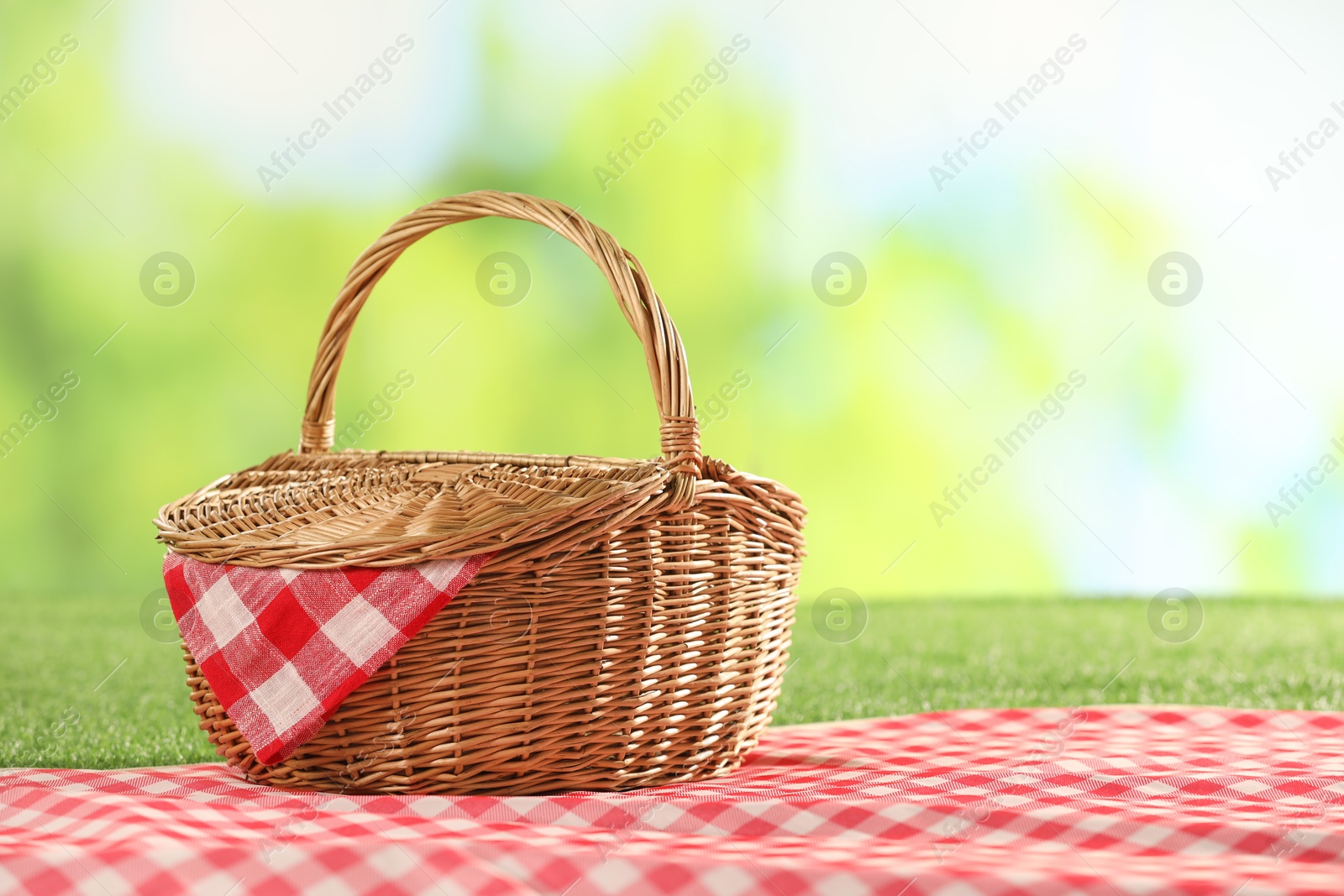 Photo of One picnic wicker basket with checkered napkin and blanket on grass against blurred green background. Space for text