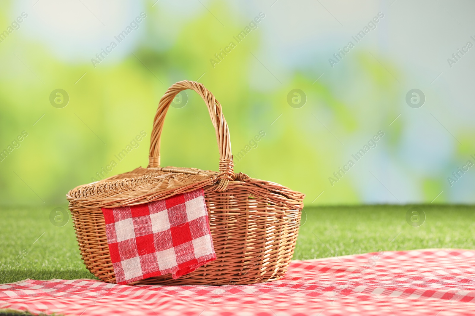 Photo of One picnic wicker basket with checkered napkin and blanket on grass against blurred green background. Space for text