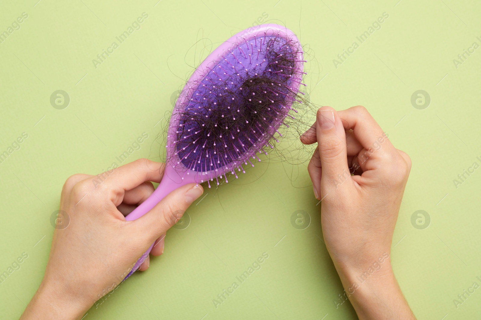 Photo of Woman taking her lost hair from brush on light olive background, top view. Alopecia problem