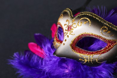 Photo of Beautiful carnival mask and bright feathers on black background, closeup