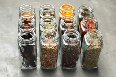 Photo of Different spices in glass jars on grey table