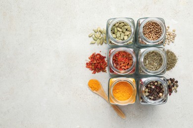 Photo of Different spices in glass jars on light grey table, top view. Space for text