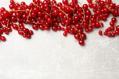 Fresh red currants on light grey table, top view. Space for text