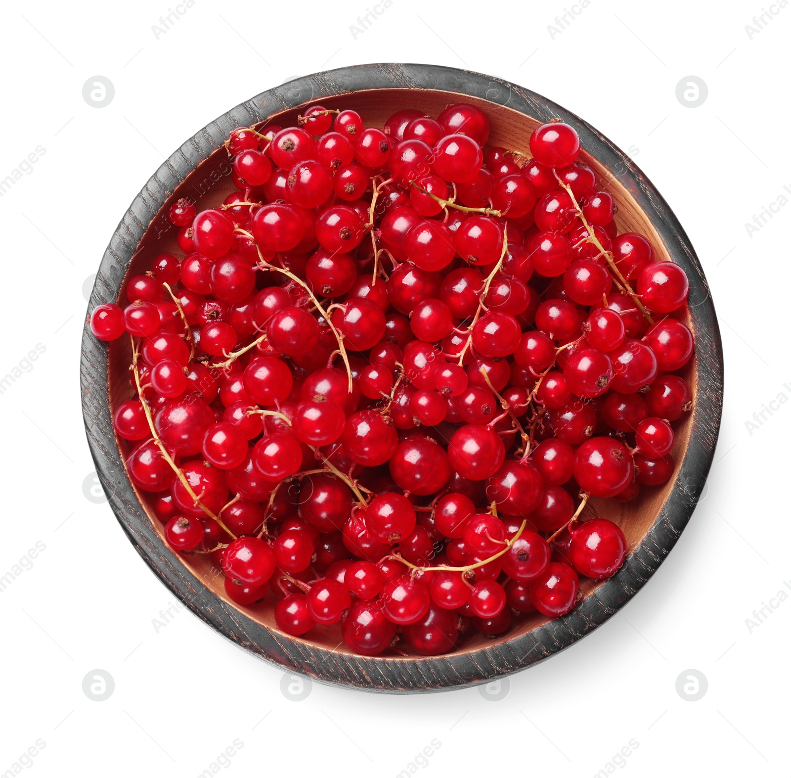 Photo of Fresh red currants in bowl isolated on white, top view