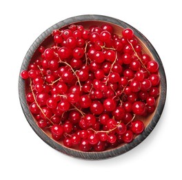 Fresh red currants in bowl isolated on white, top view