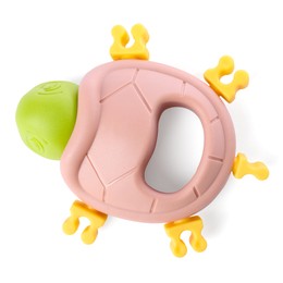 Photo of Colorful rattle isolated on white, top view. Baby accessory