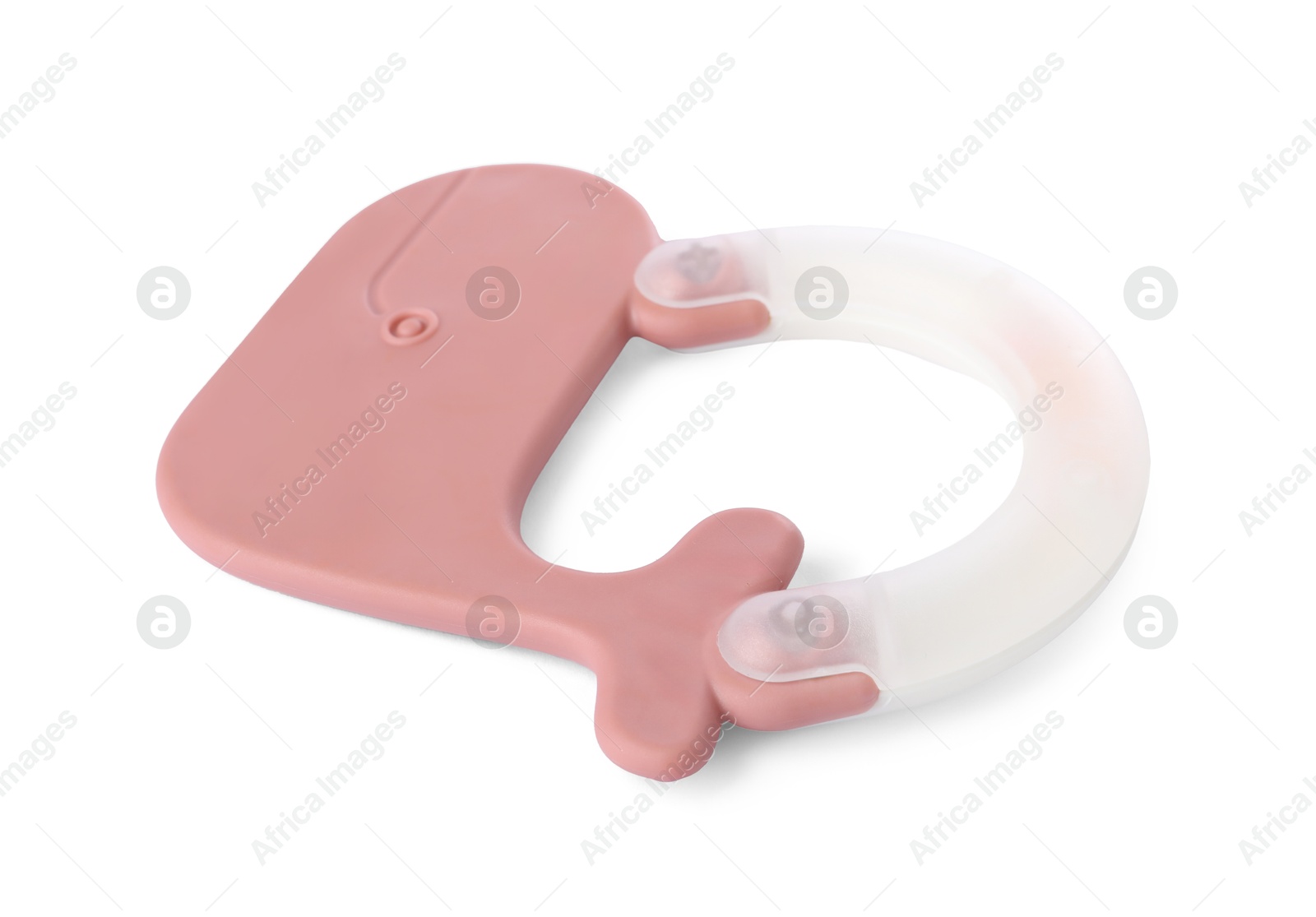 Photo of Colorful rattle isolated on white. Baby accessory