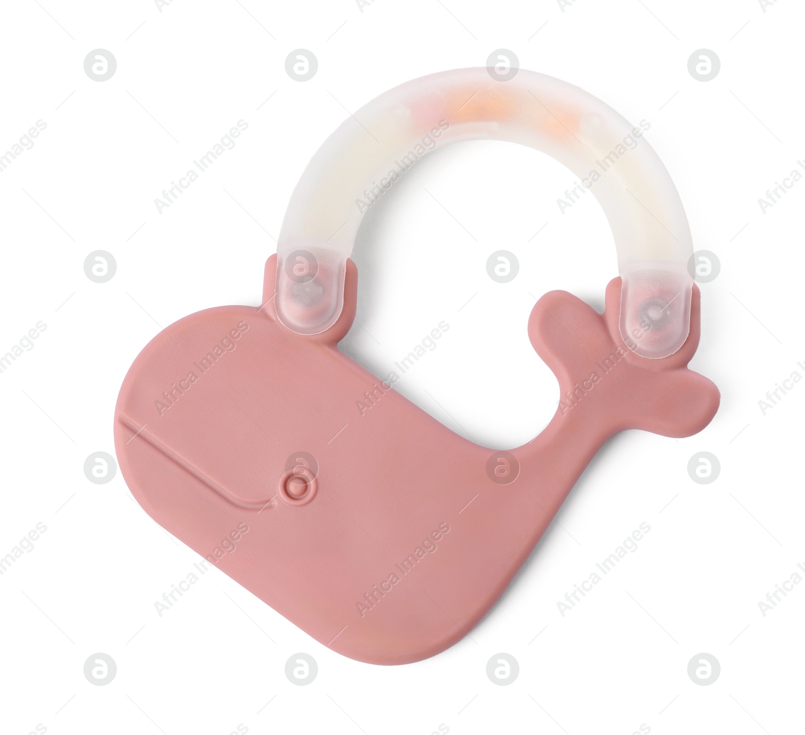 Photo of Colorful rattle isolated on white, top view. Baby accessory