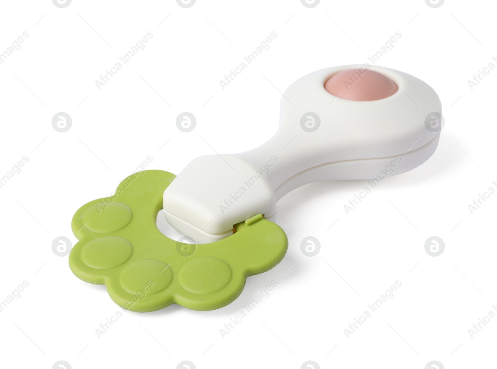 Photo of Colorful rattle isolated on white. Baby accessory