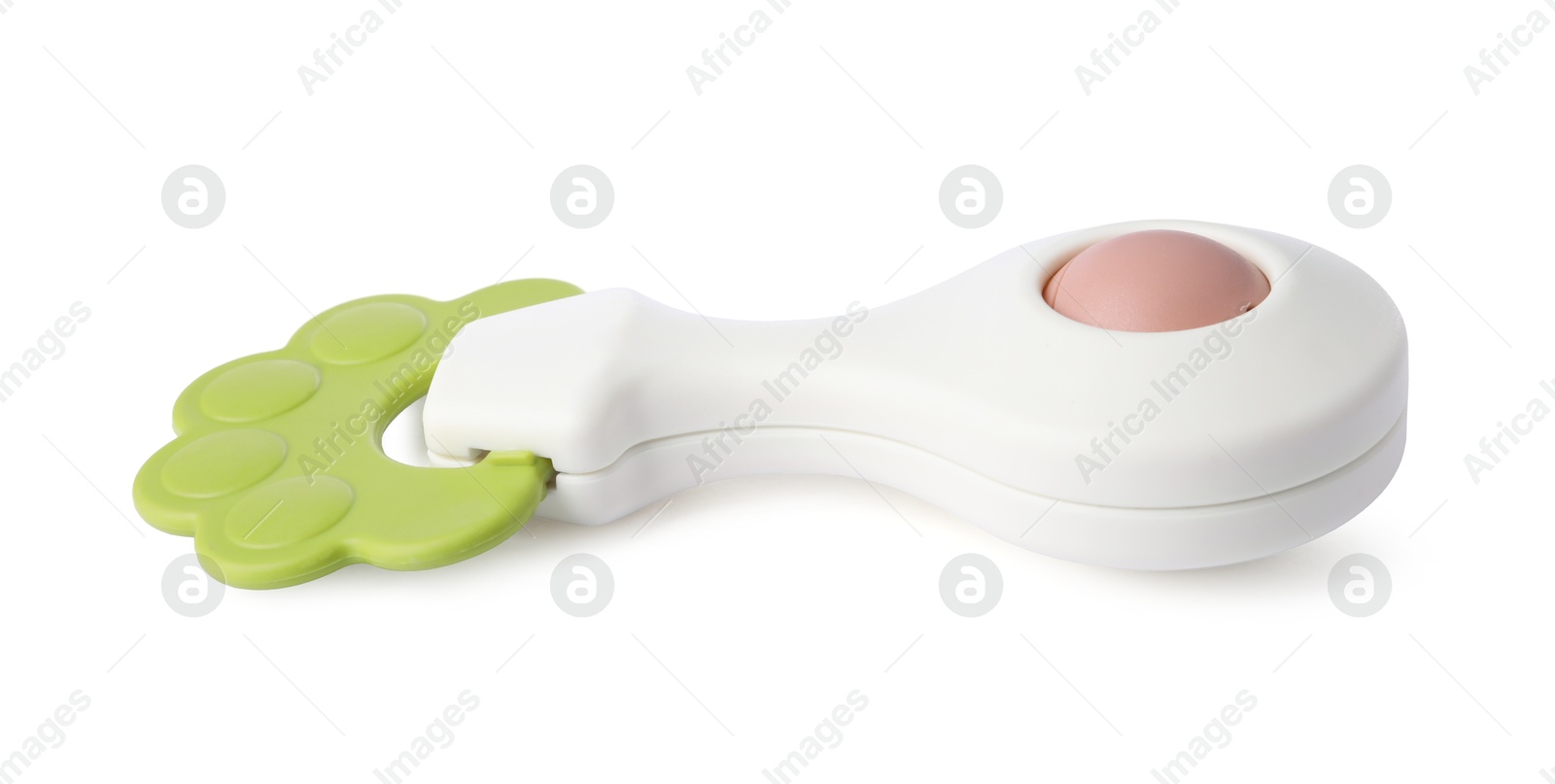 Photo of Colorful rattle isolated on white. Baby accessory