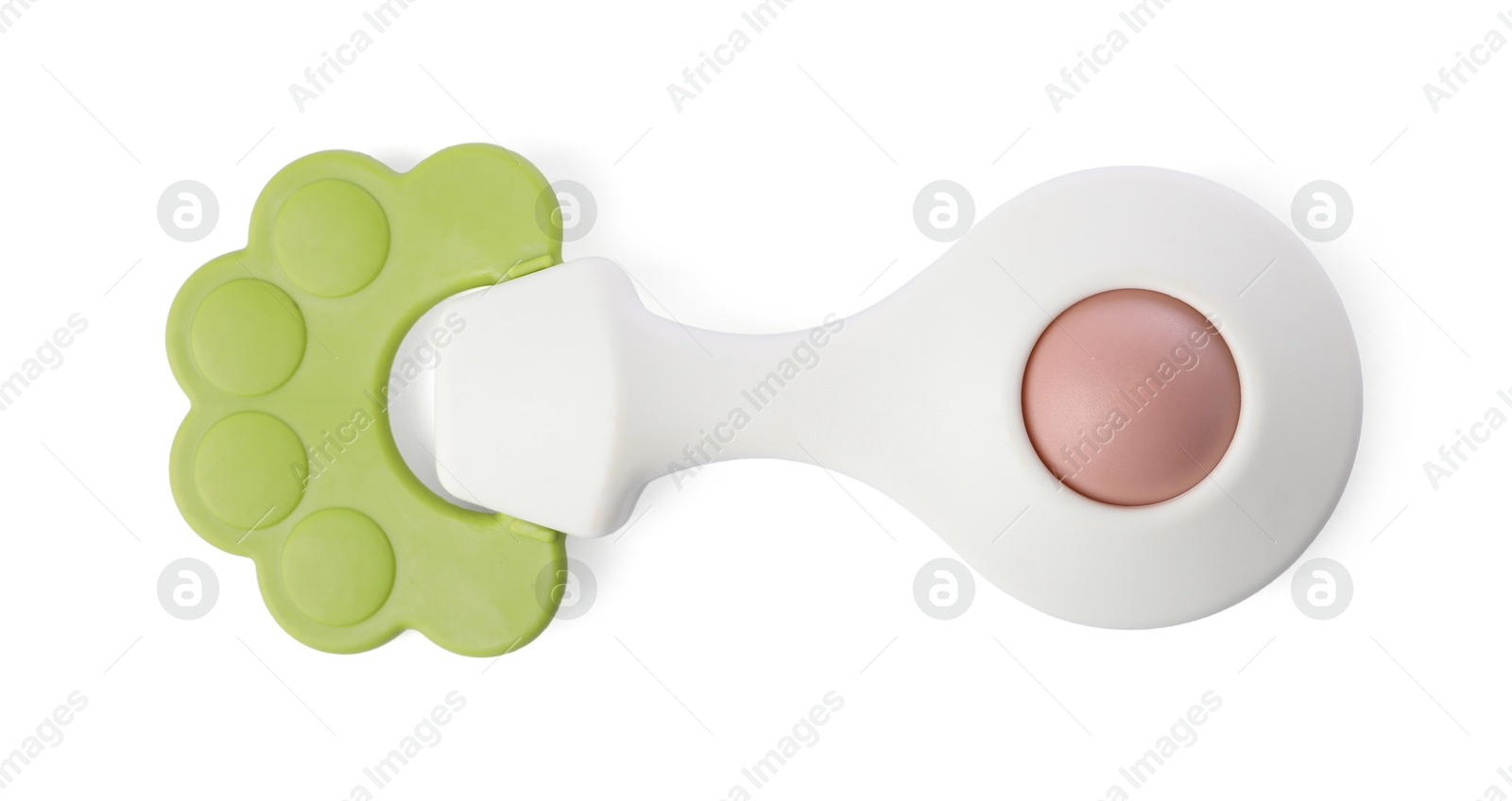 Photo of Colorful rattle isolated on white, top view. Baby accessory